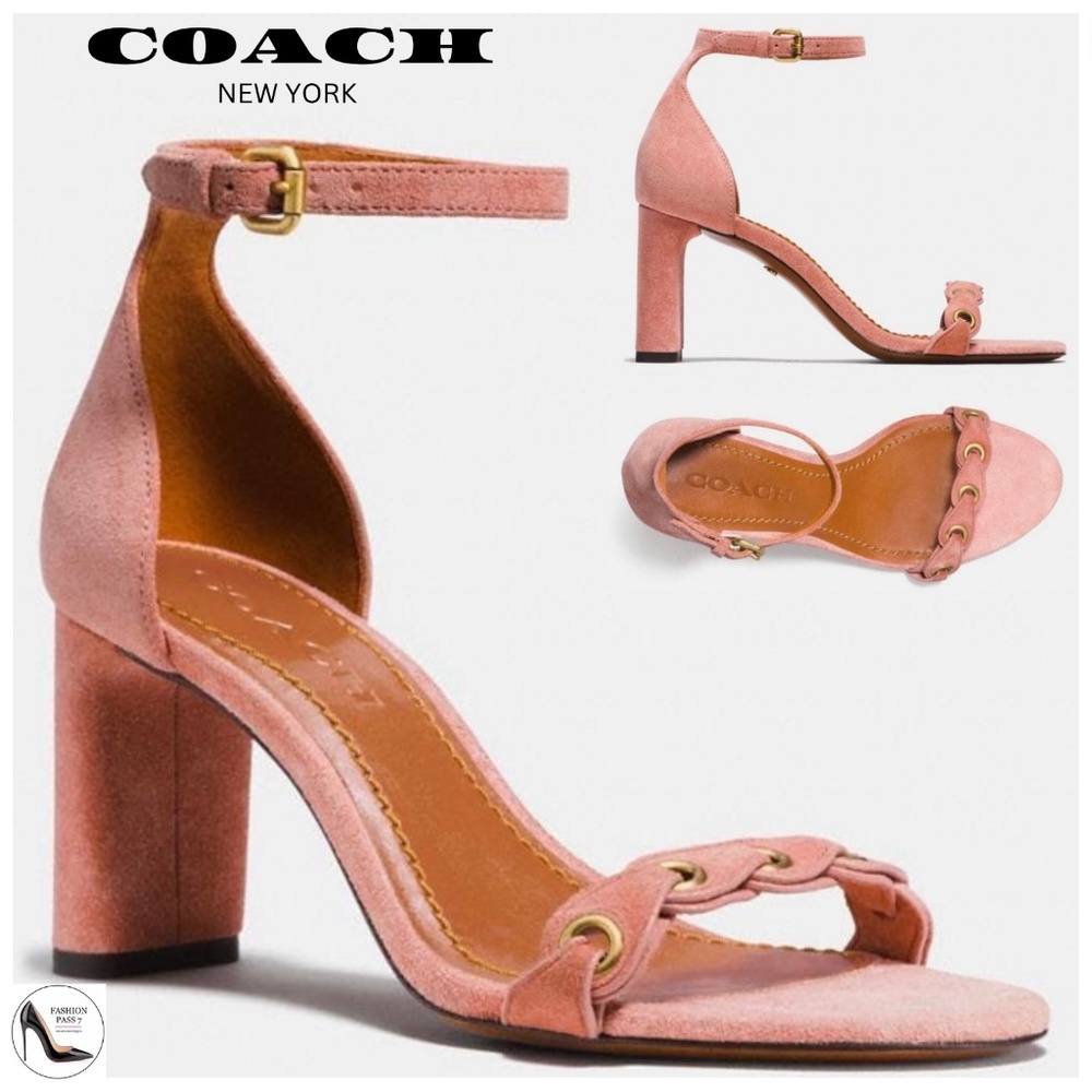 Coach Link Peony Pink Suede Ankle Strap Heeled Sandals Block Heel Dress ShoeS 7